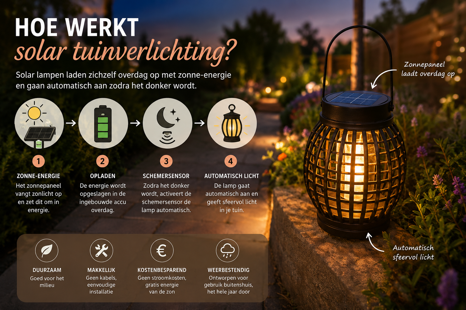 Hoe werkt een solar tuinlamp? Stap-voor-stap uitleg van opladen met zonne-energie, accu-opslag en automatische verlichting bij schemering.