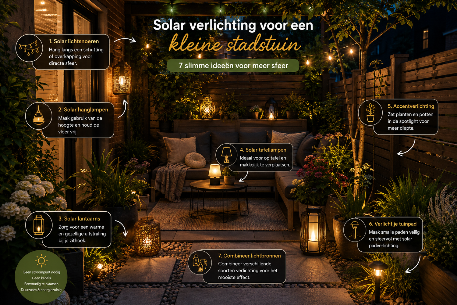 Solar verlichting voor een kleine stadstuin: 7 slimme ideeën voor meer sfeer