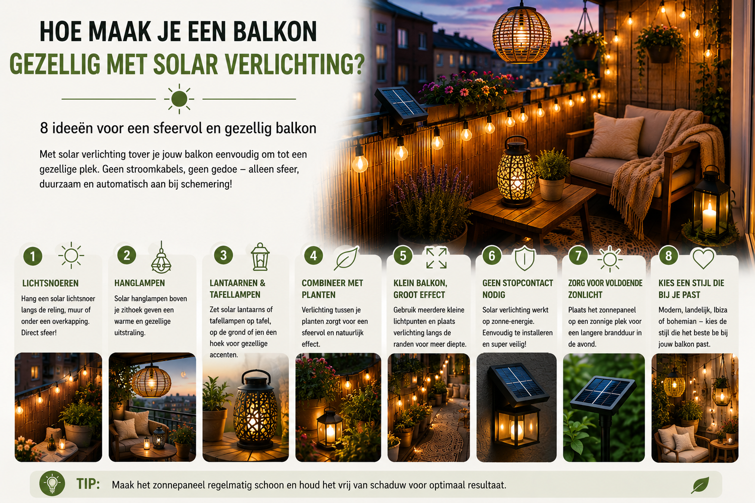 Hoe maak je een balkon gezellig met solar verlichting? 8 eenvoudige ideeën