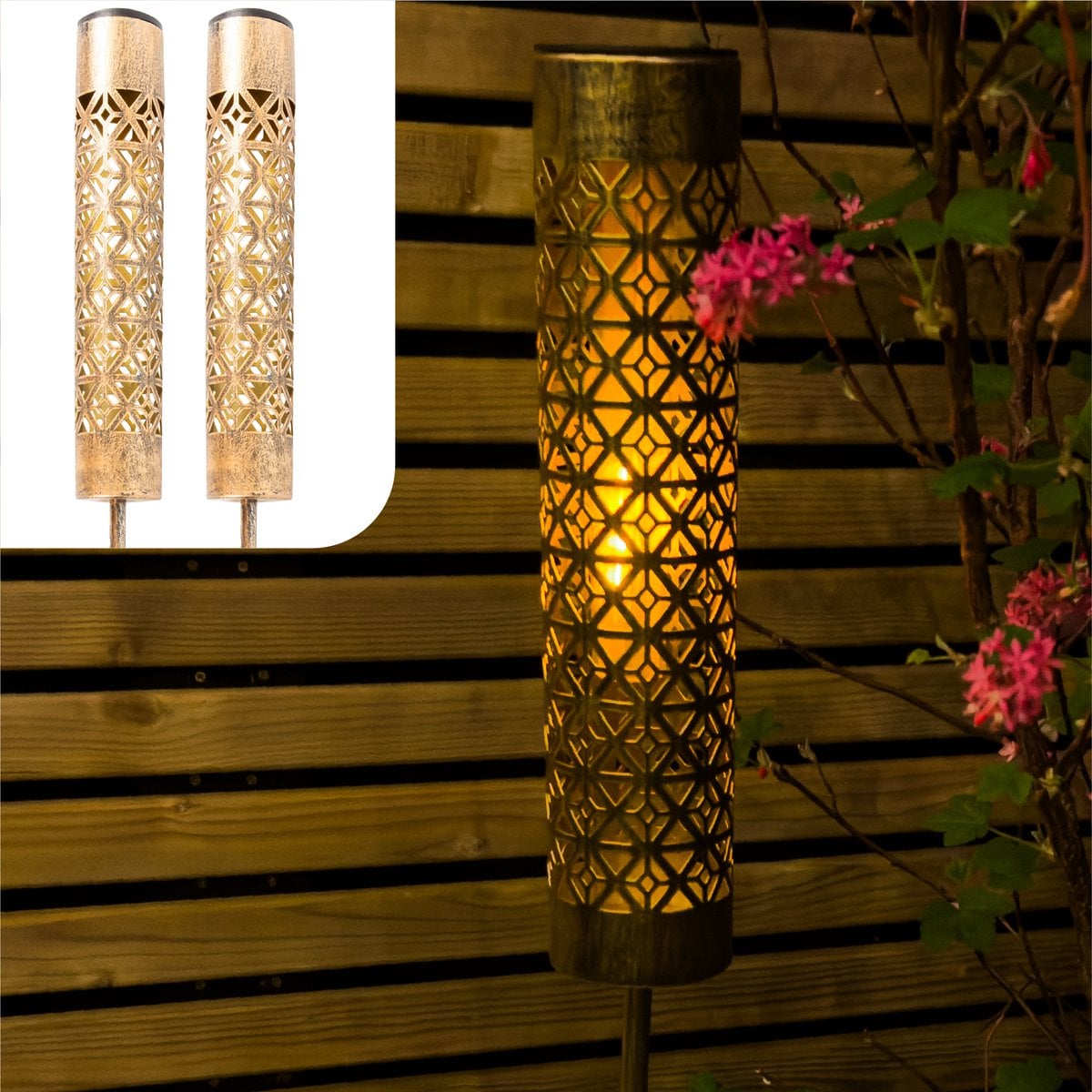 Solar Tuinstekers Metaal Goud Vlameffect - Set van 2 - 98 cm