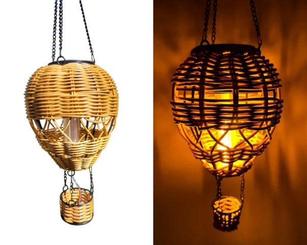 Solar-Heißluftballon Rattan – Flammeneffekt-Beleuchtung – 48 cm