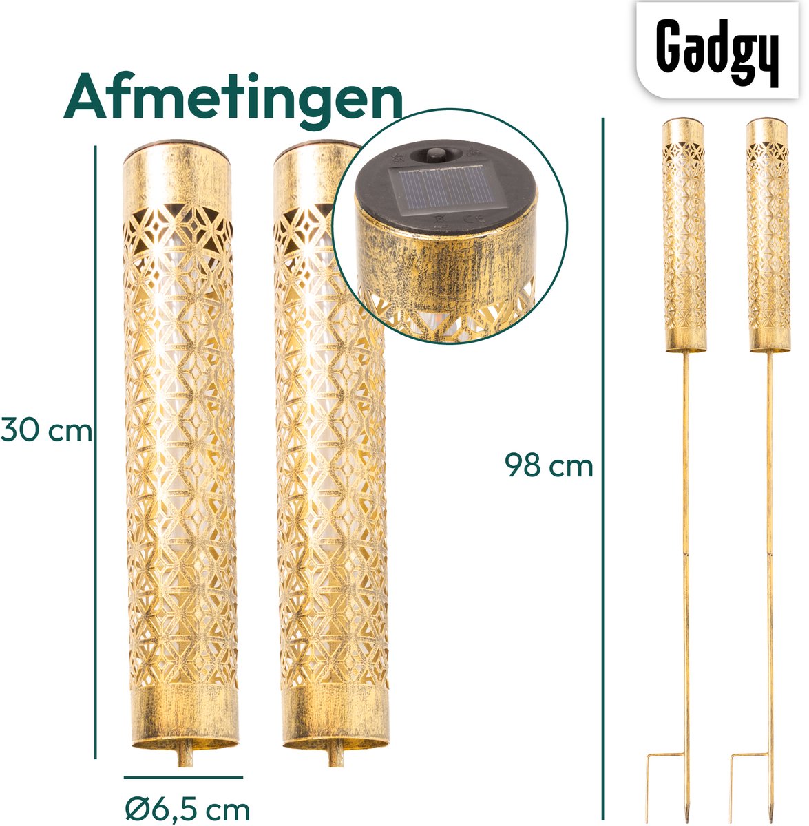Solar Tuinstekers Metaal Goud Vlameffect - Set van 2 - 98 cm